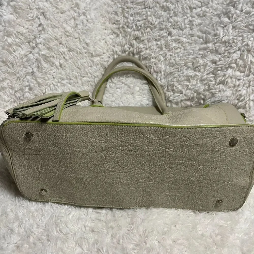 Vittoria Napoli Elegant Leather Cream XL Tote Bag with Green Accents